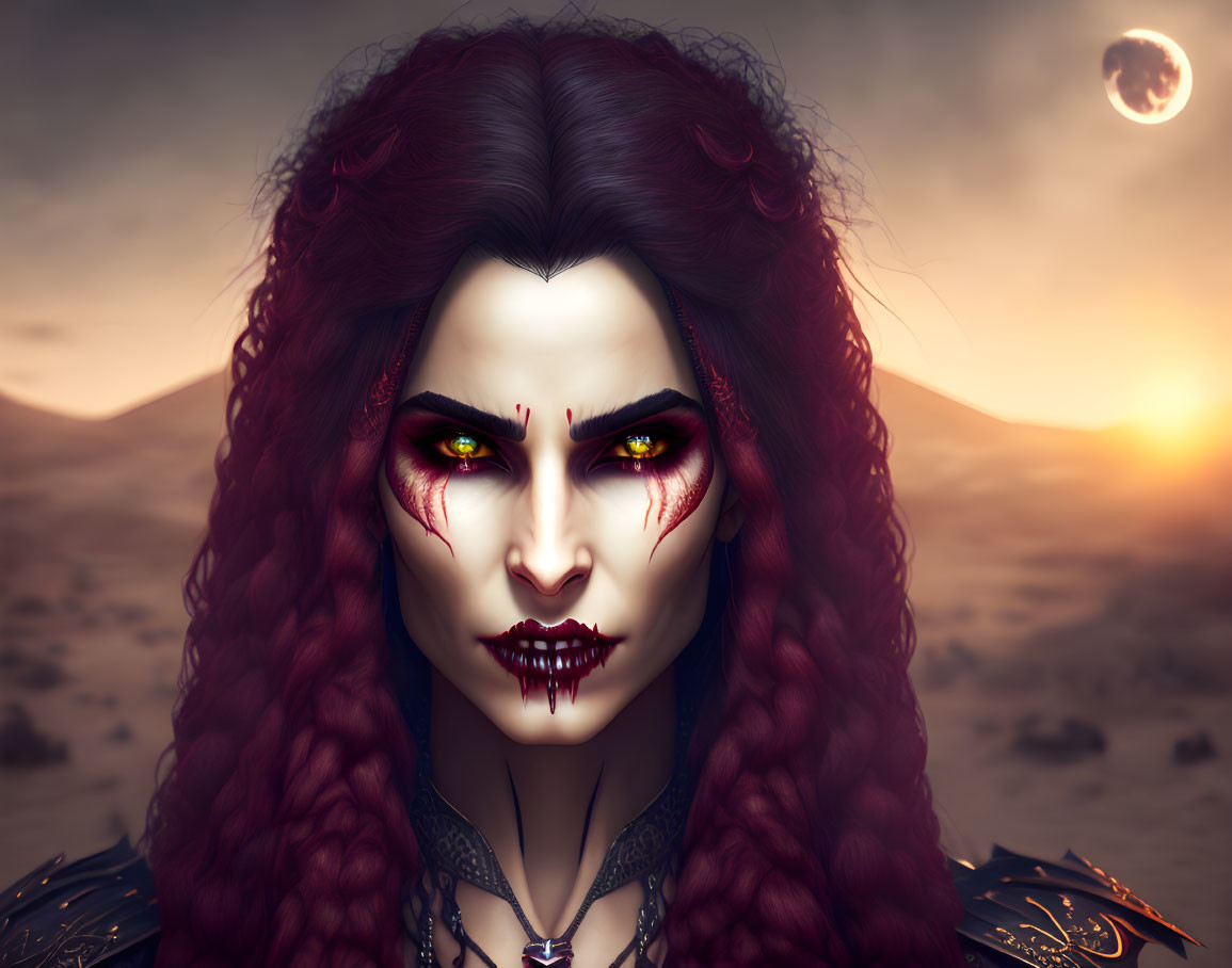 Fantasy vampire character with red eyes and hair in desert setting