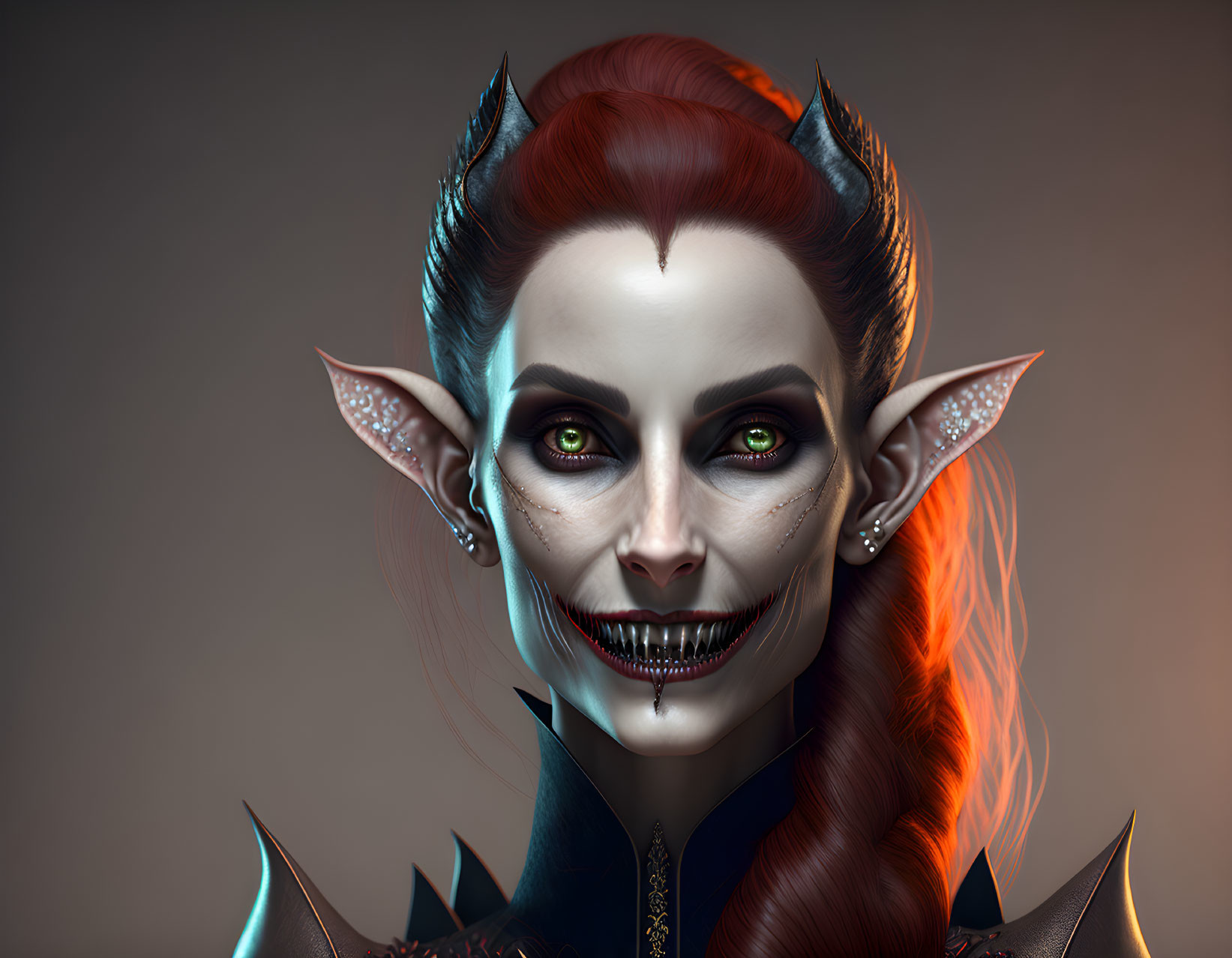 Fantasy digital art of female character with red hair, pointed ears, green eyes, and sharp teeth