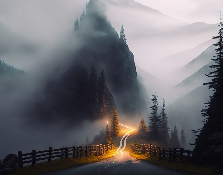 Misty mountain road at night with car lights in foggy landscape