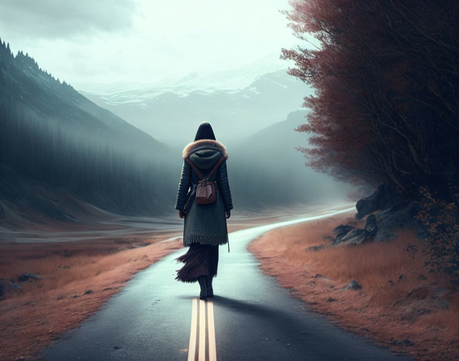 Person in coat and scarf walking on misty mountain road in autumn scenery