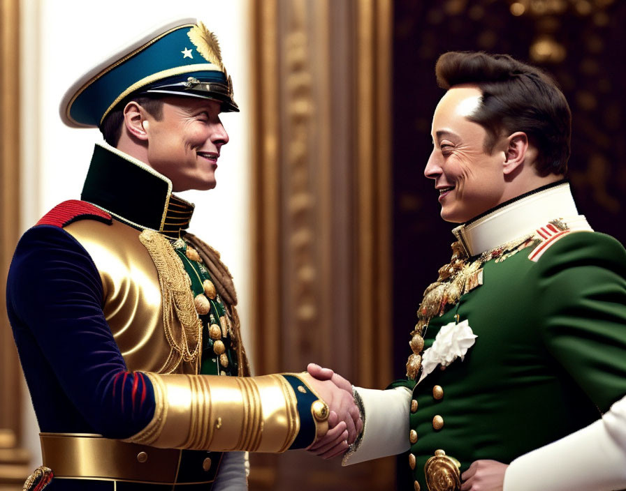 Ornate military uniforms men shaking hands in luxurious setting