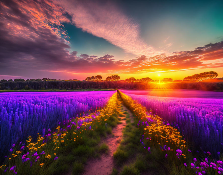 Vibrant sunset over lavender field with central path