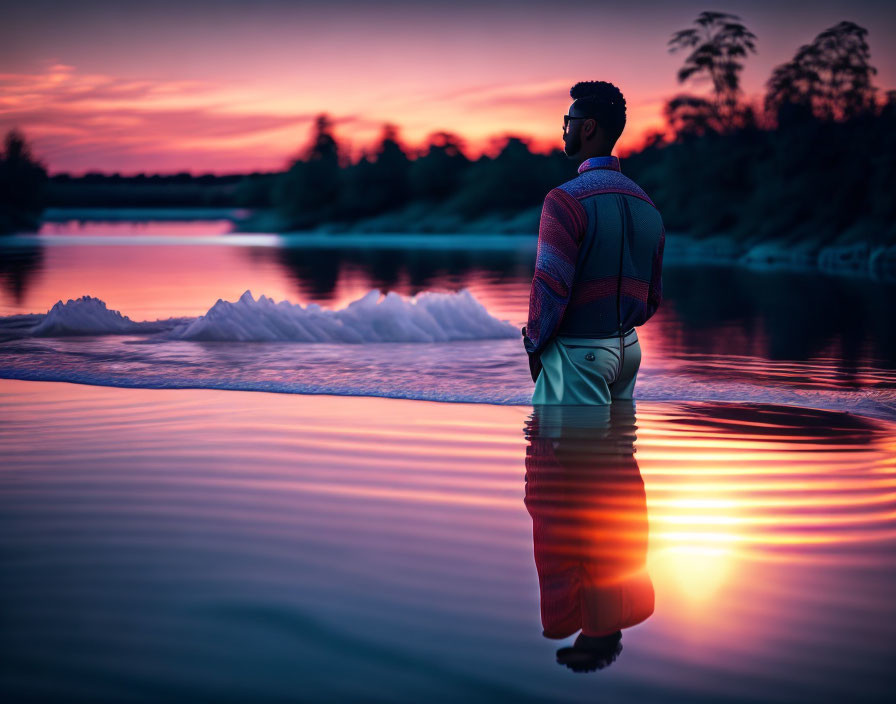 Person standing in water at vibrant sunset over serene lake