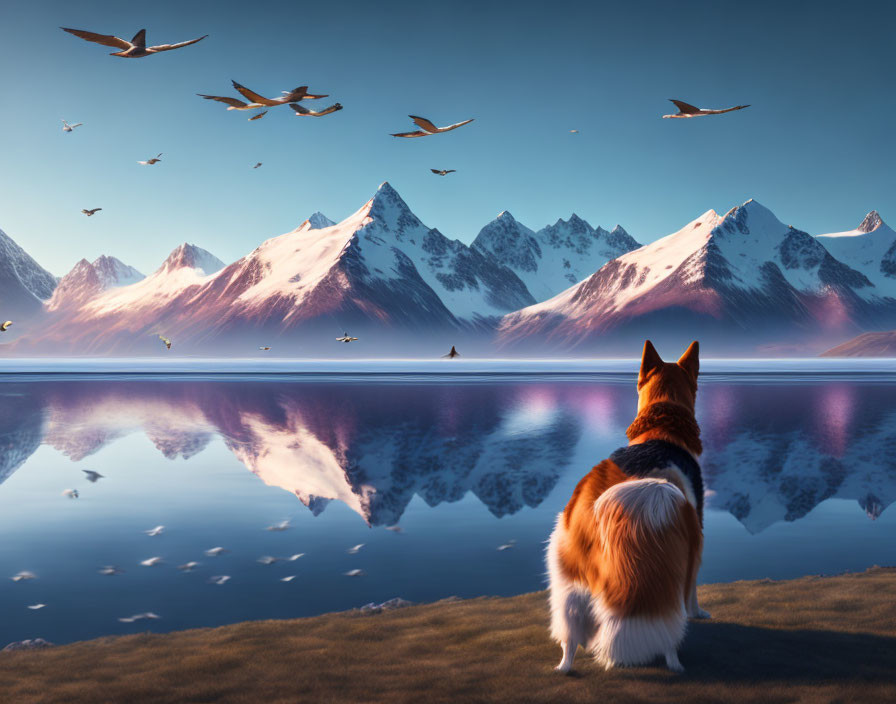 Dog by Still Lake: Serene Landscape with Mountains and Birds