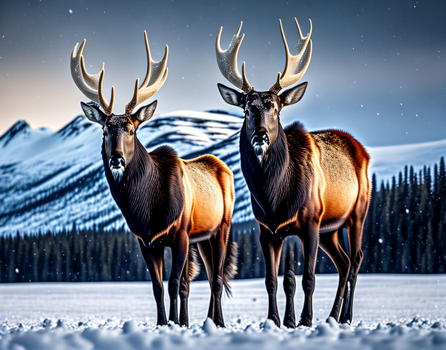 Majestic elk in snow with pine forests and mountains at twilight