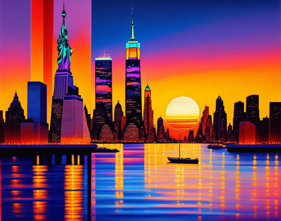 Colorful New York City skyline with Statue of Liberty and skyscrapers at sunset