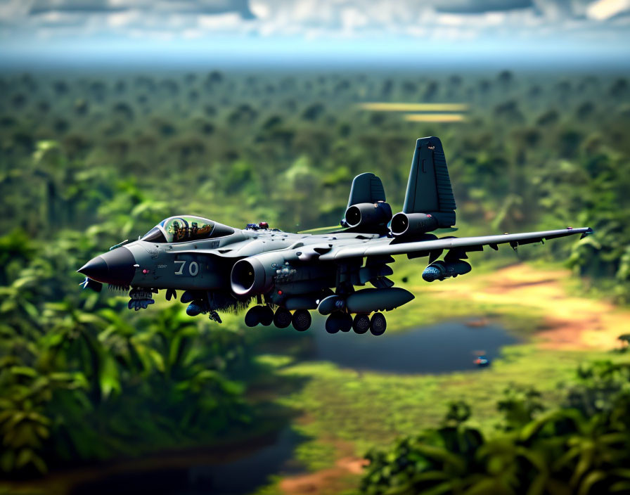 Armed military jet flying low over tropical forest landscape