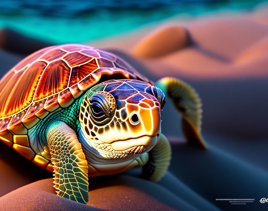 Colorful Sea Turtle Resting on Smooth Rocks with Blurred Background