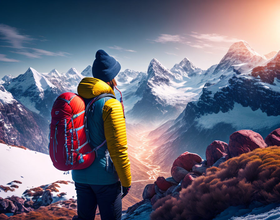 Person in Yellow Jacket Admiring Snow-Capped Mountain Range at Sunrise