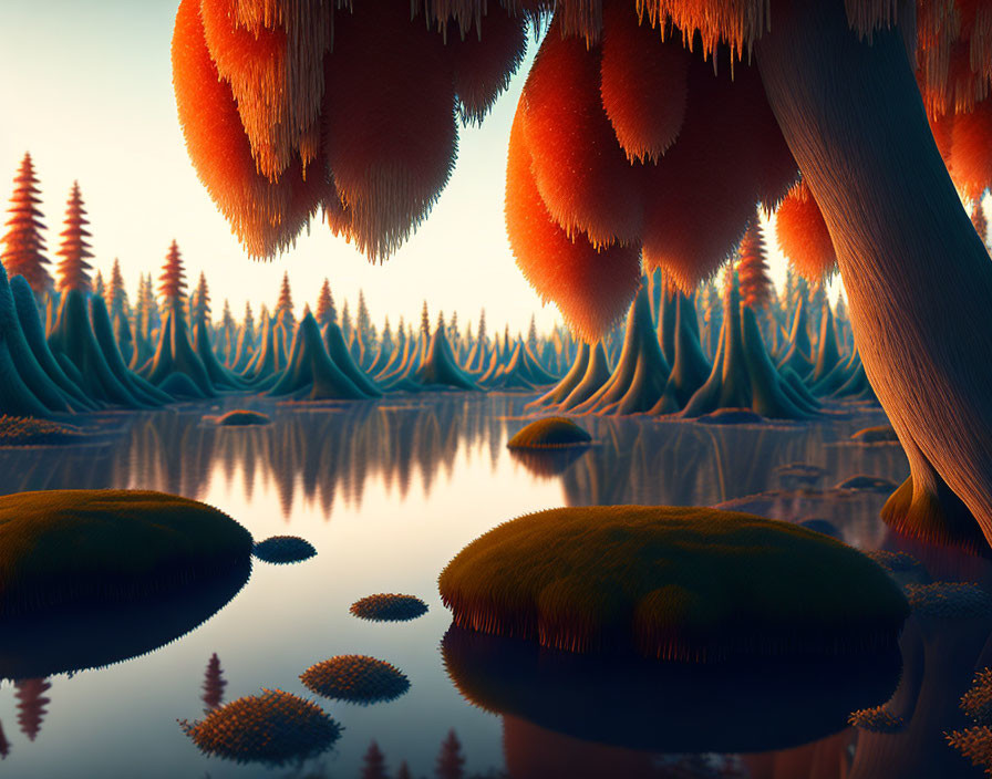 Unique surreal landscape: cone-shaped trees, mirror water, moss ground, amber sky