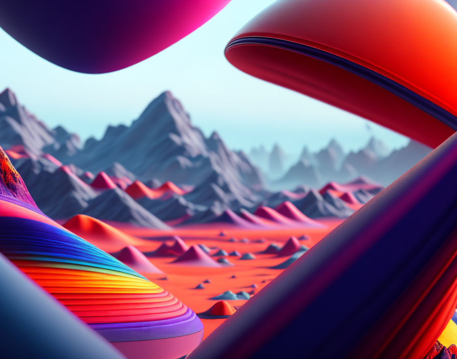 Colorful Abstract Landscape with Flowing Shapes and Stylized Mountains