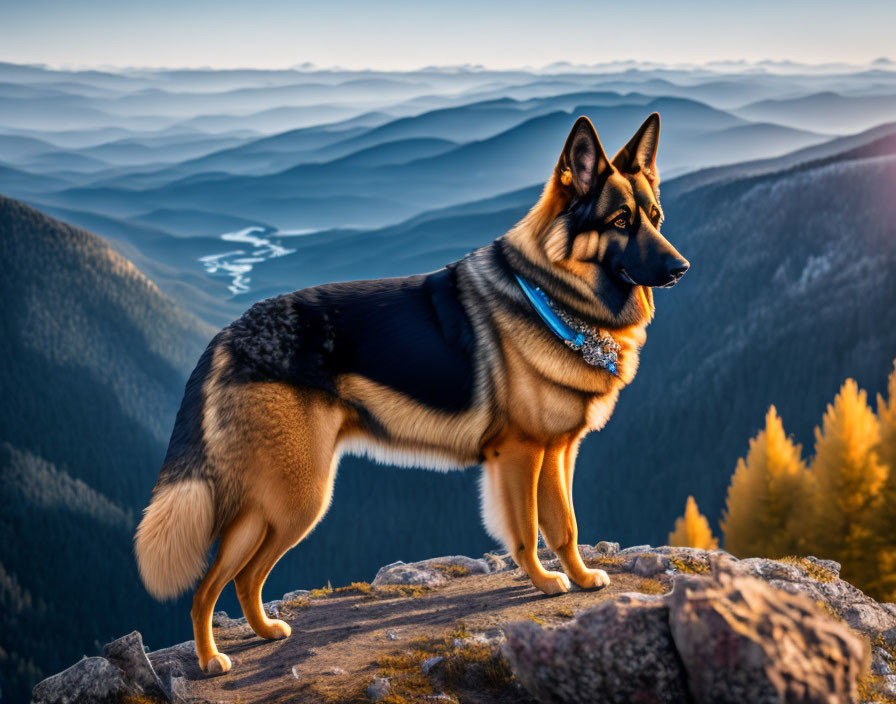 German Shepherd overlooking forested mountain valley at sunset