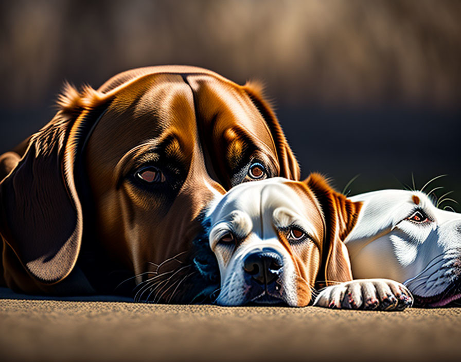 Two dogs lying down together in a close embrace.