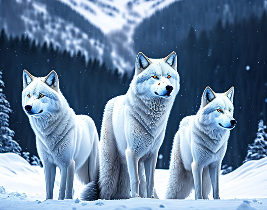 Three white wolves in snowy landscape with pine trees and mountains.