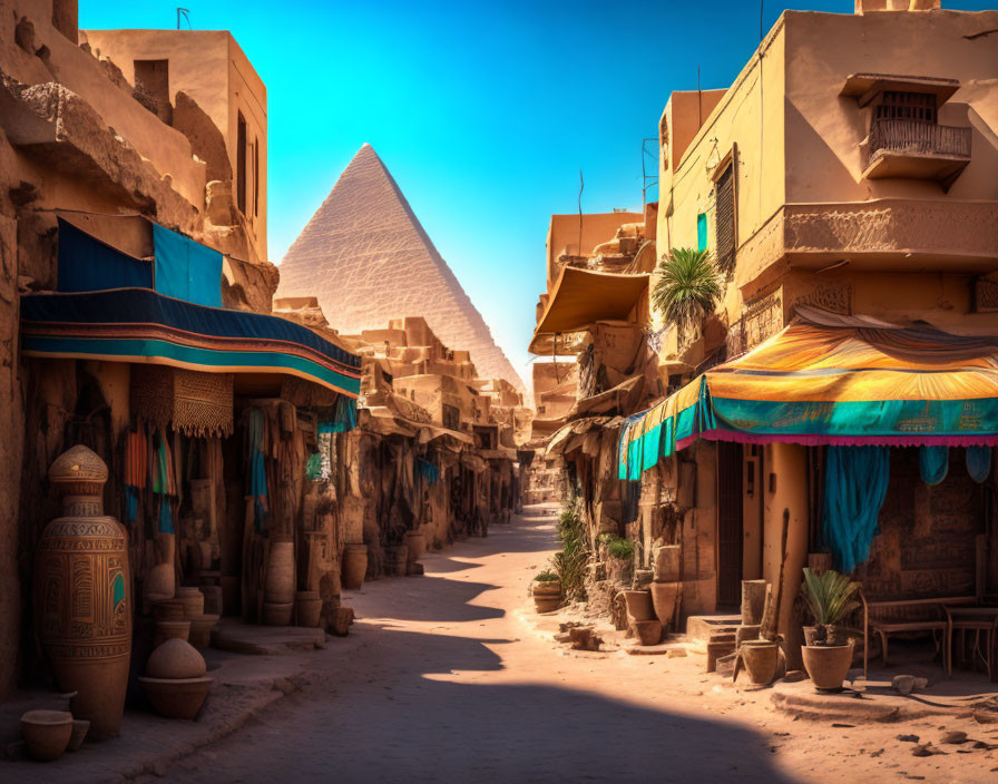 Traditional Market Street with Colorful Awnings and Great Pyramid in Sunny View