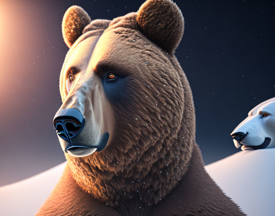 Detailed 3D brown bear head with white bear in background against dusk sky