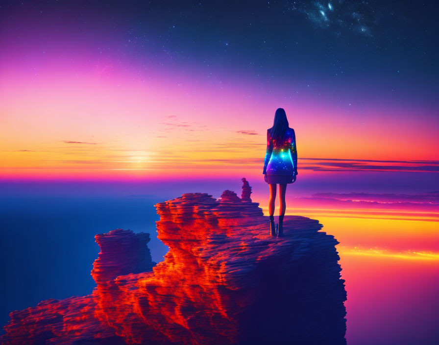 Person standing on cliff edge at vibrant sunset with starry sky and blue glow light source