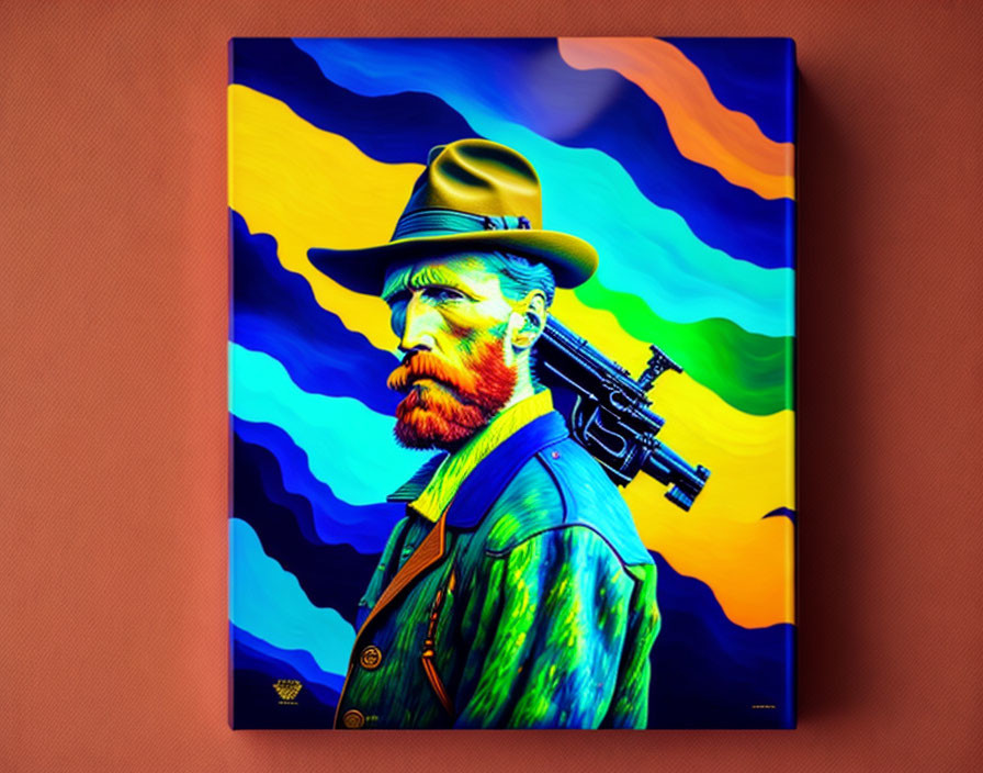 Vibrant digital art portrait of bearded man with gun in psychedelic backdrop