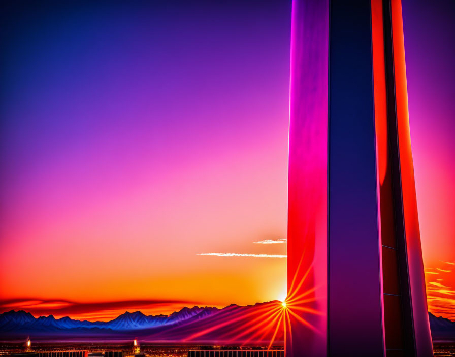 Vibrant Purple and Orange Sunset with Modern Structure and Mountainous Background