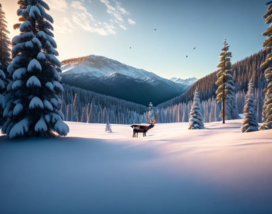 Winter landscape with reindeer, snow-covered trees, mountains, and birds.