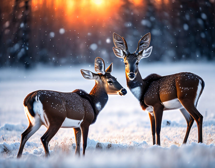 Snowy field at sunset: Two deer in warm light with falling snowflakes