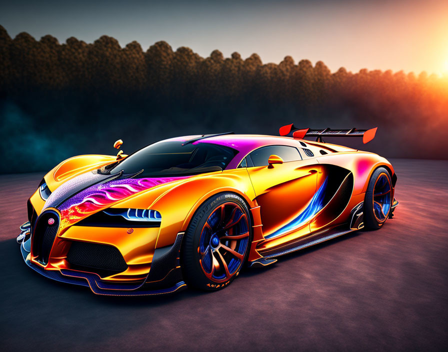 Multicolored sports car with aerodynamic design against sunset backdrop