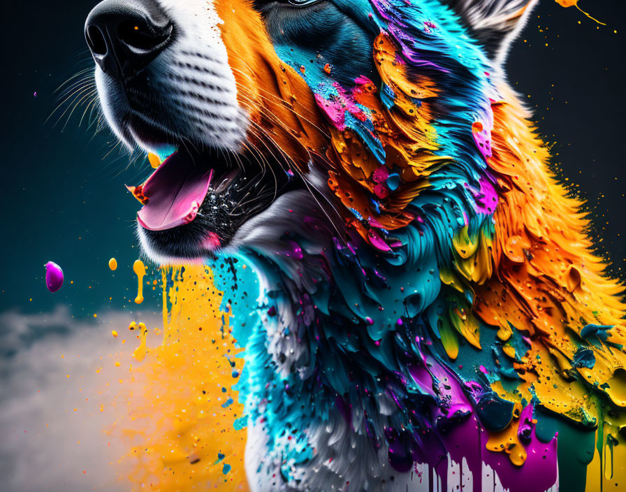 Colorful digital artwork: Dog with vibrant fur in orange to blue hues on dark backdrop