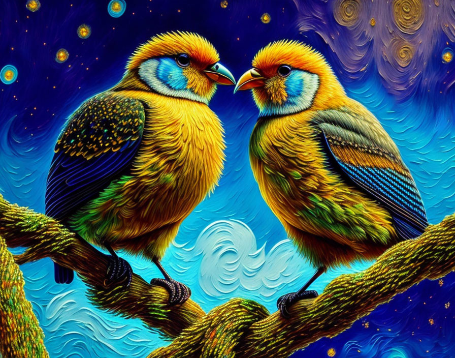 Colorful stylized birds on branch in Van Gogh-style night scene