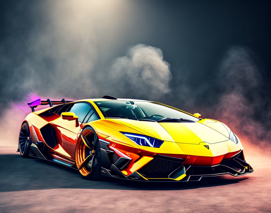 Sleek Yellow and Black Sports Car in Misty Background