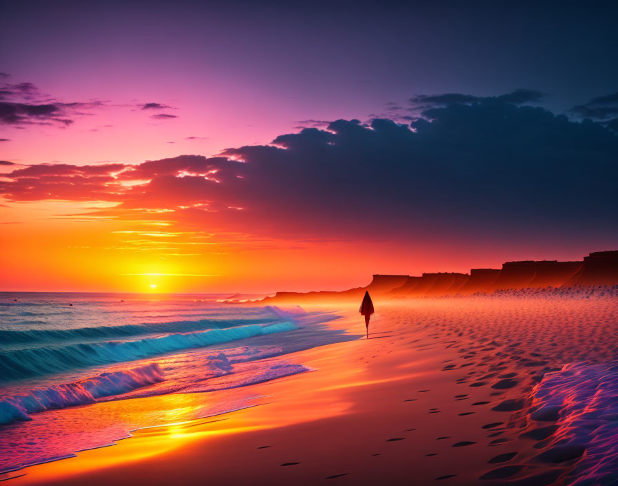 Figure Walking on Beach at Vibrant Sunset with Pink and Purple Sky