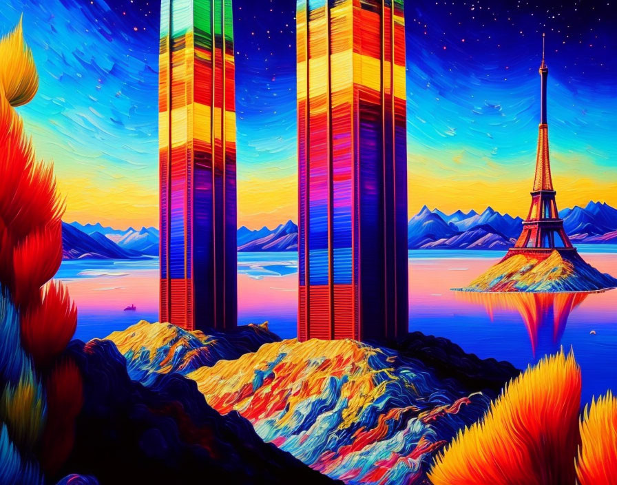 Colorful futuristic cityscape illustration with skyscrapers, tower, lake, and starry sky.