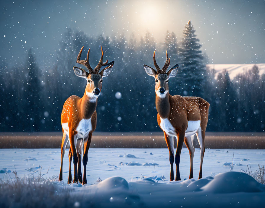 Snowy landscape with two deer in soft glowing light