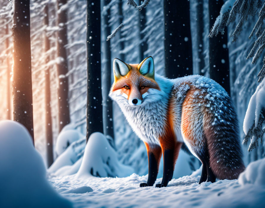 Red fox in snow-covered forest with falling snowflakes