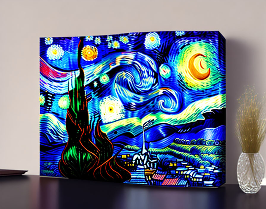 Starry Night Canvas Print: Blue and Yellow Swirls, Small Village under Star-Filled Sky