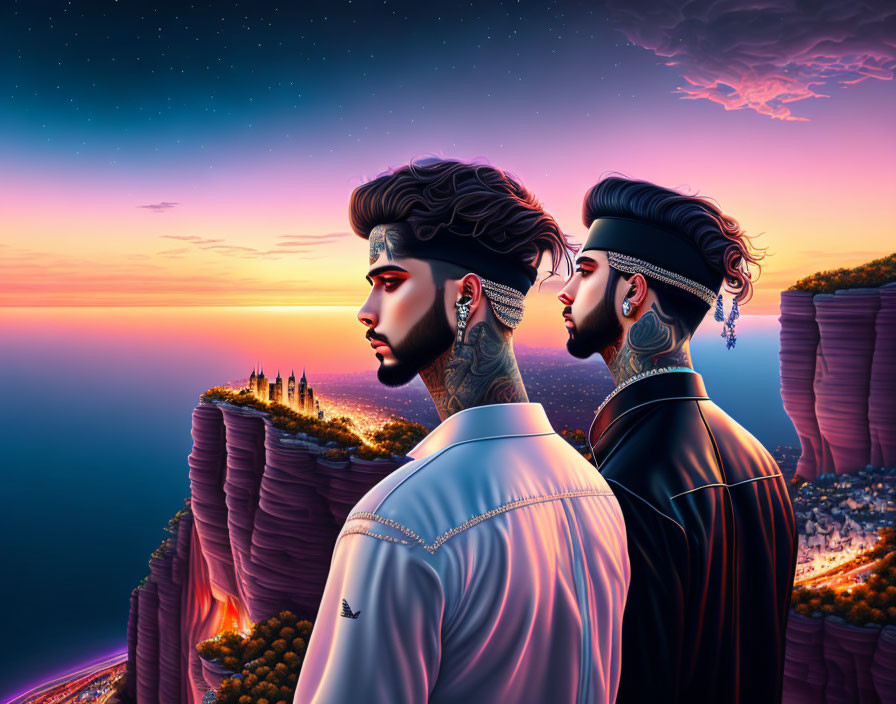 Stylized men with tattoos admire sunset over coastal cliffs and castle