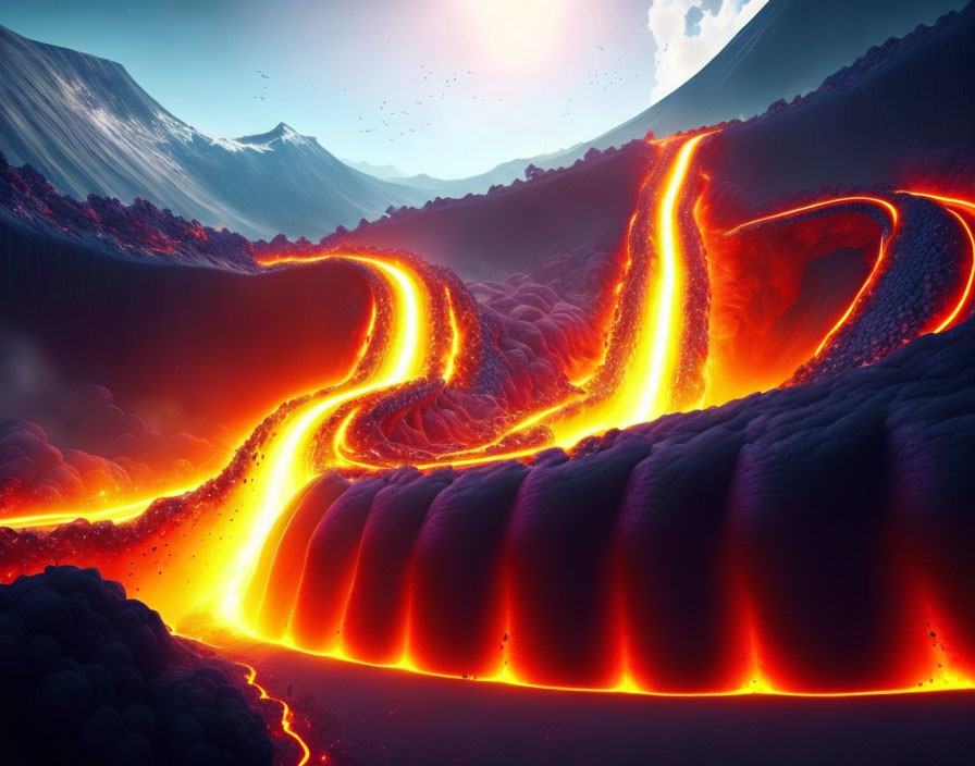 Vibrant digital artwork: meandering lava flow in dramatic mountain landscape