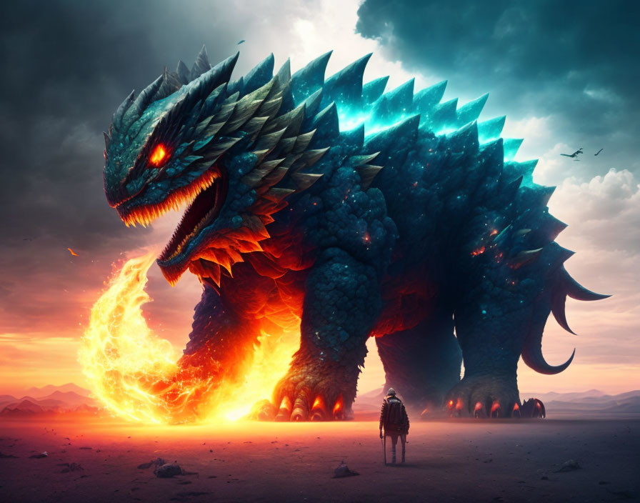 Gigantic blue dragon breathing fire with person in dusk landscape