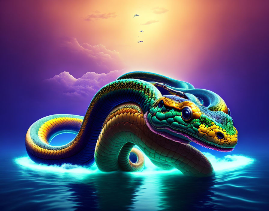 Colorful digital art: Serpent on water with purple sunset sky