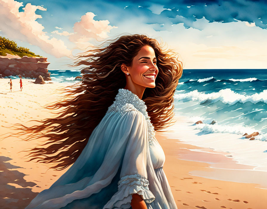 Smiling woman with flowing hair on sunny beach