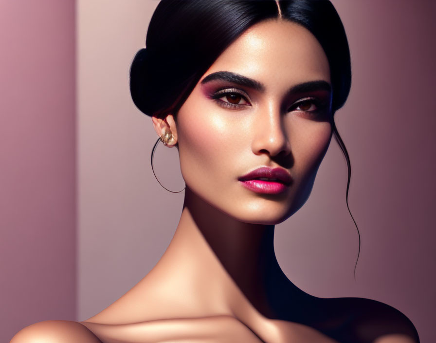 Woman with Sleek Hair and Bold Pink Makeup on Soft Pink Background