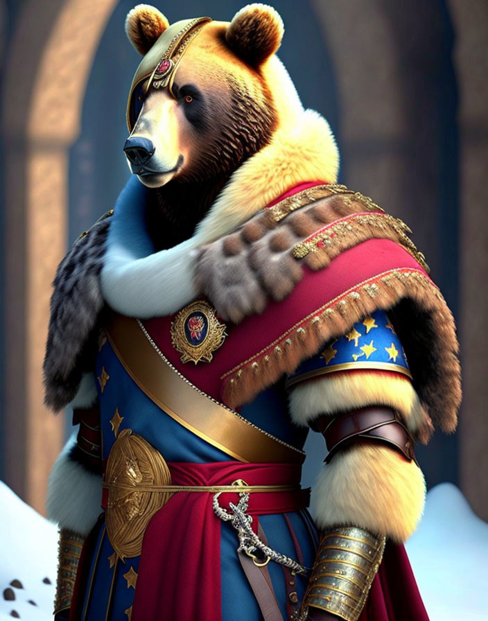 Regal anthropomorphic bear in medieval-style armor