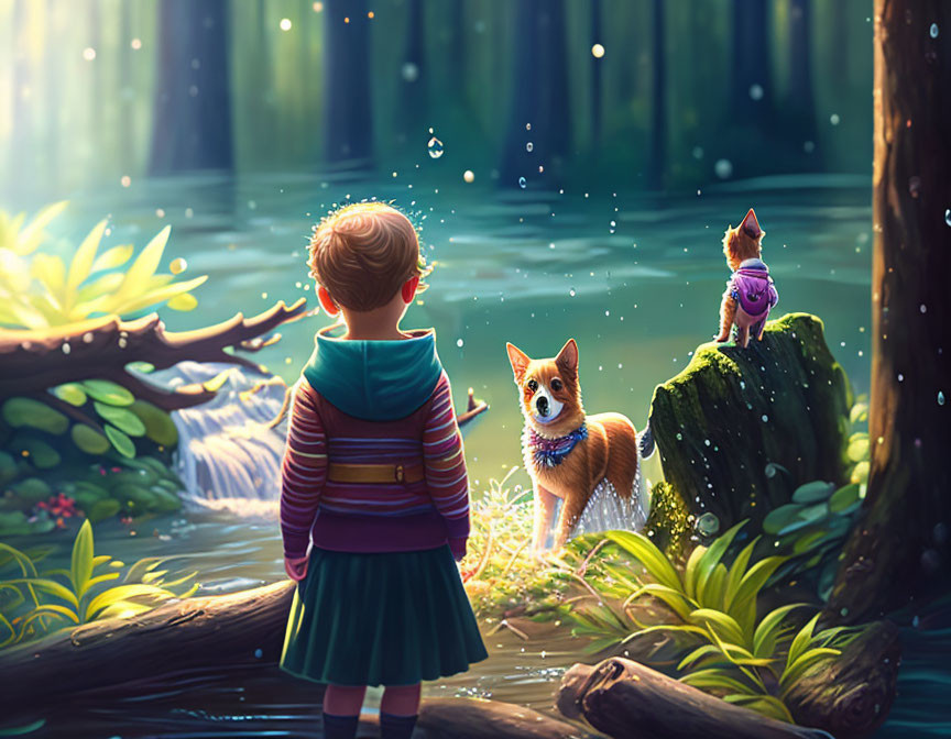 Child and dog by sunlit forest clearing with floating motes, water, and cat on mossy