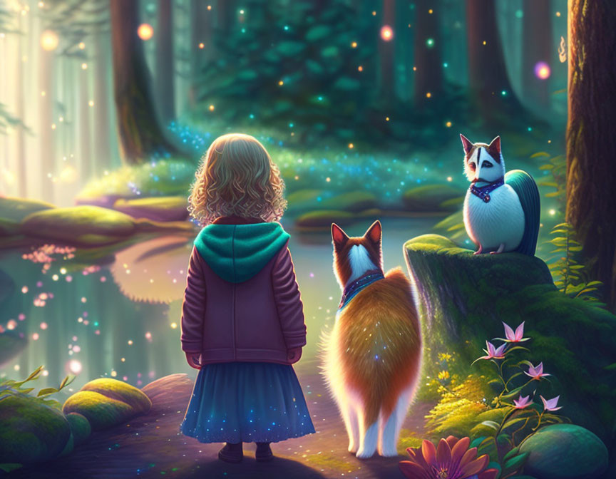 Child in blue coat with two vibrant cats in mystical forest with floating lights