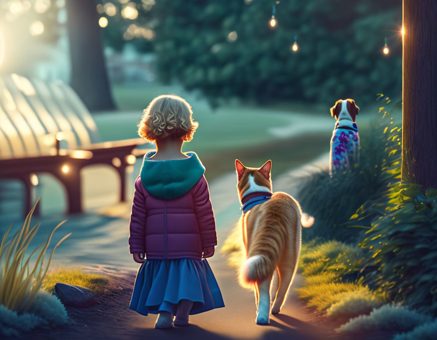 Young Girl in Puffy Jacket with Cat and Dog in Park at Dusk