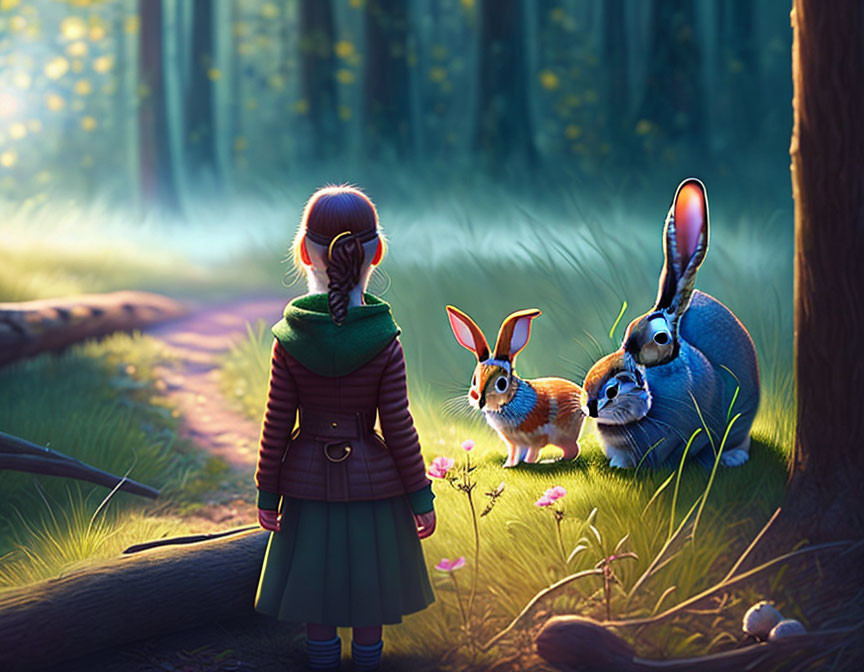 Girl in Green Coat Observes Rabbits in Sunlit Forest_Path