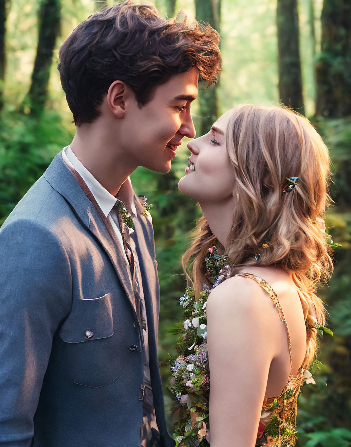 Affectionate couple in forest with sunlight and flowers