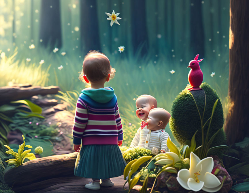 Animated children in magical forest with vibrant flora and whimsical bird.