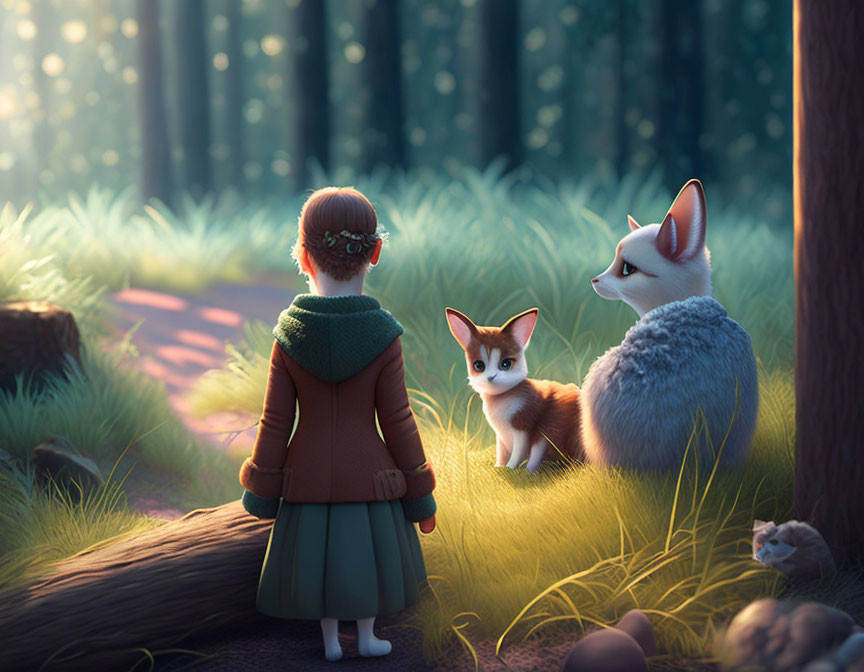 Red-haired girl with glasses meets foxes in sunlit forest clearing