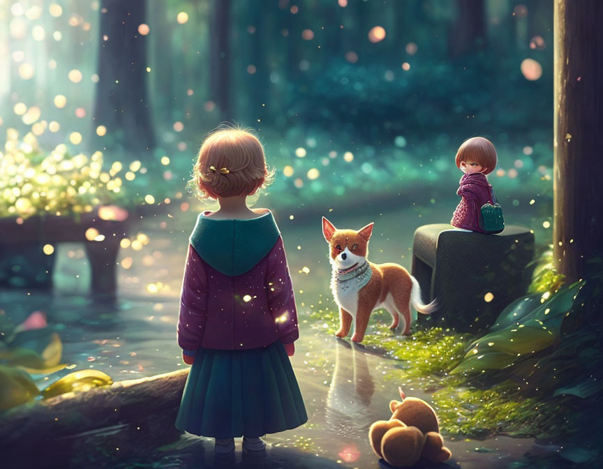 Children, fox, and teddy bear in enchanted forest with floating light particles