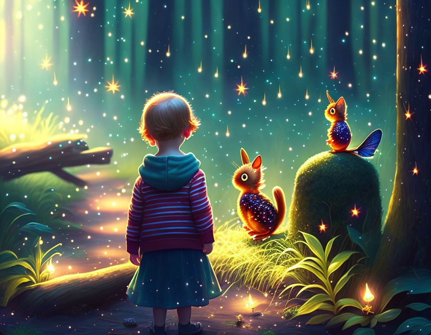 Child in Striped Sweater Observing Bird-Like Creature in Magical Forest